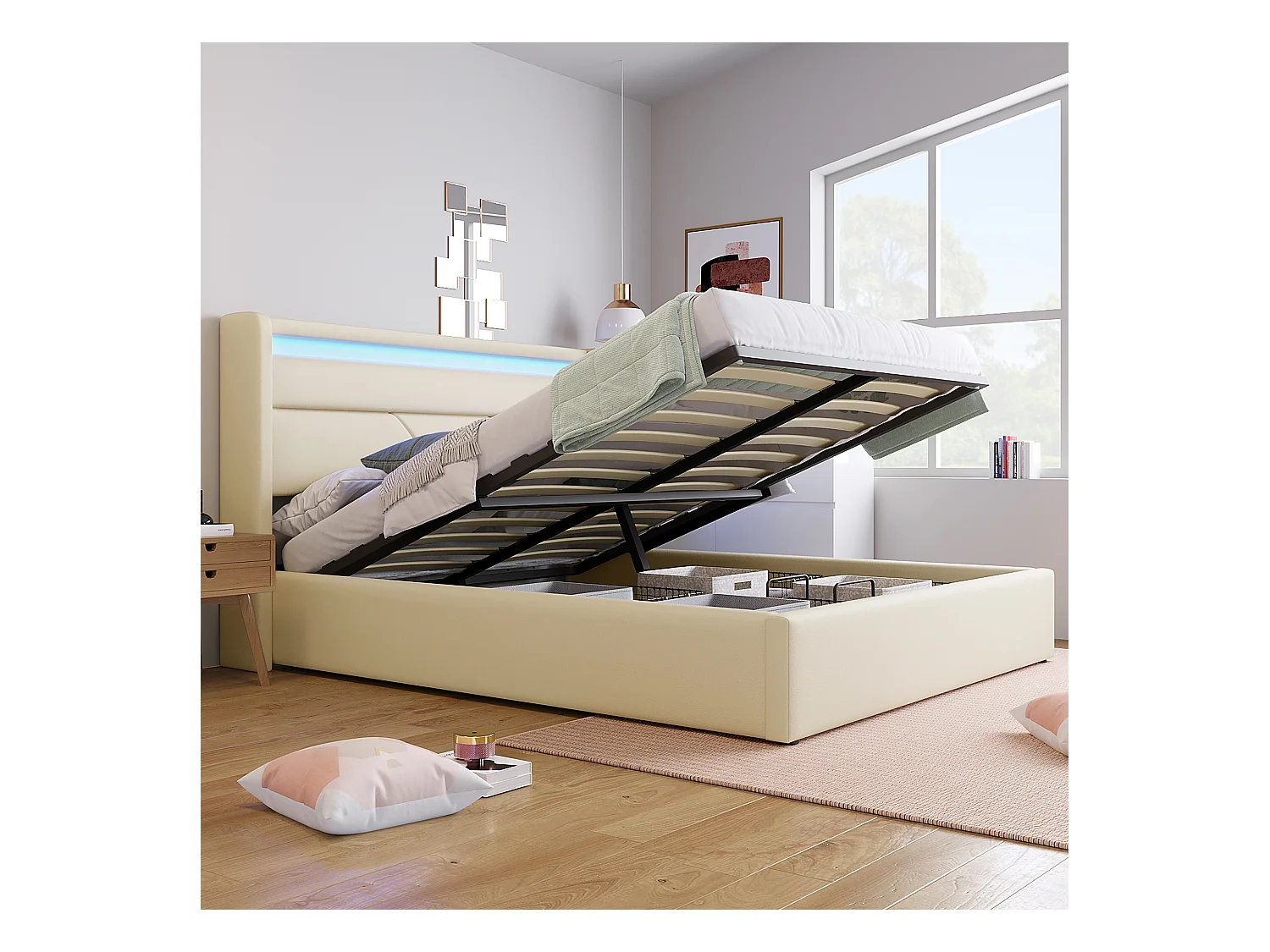 Lit double hydraulique avec éclairage LED, 140x200 cm, blanc, espace de rangement et télécommande