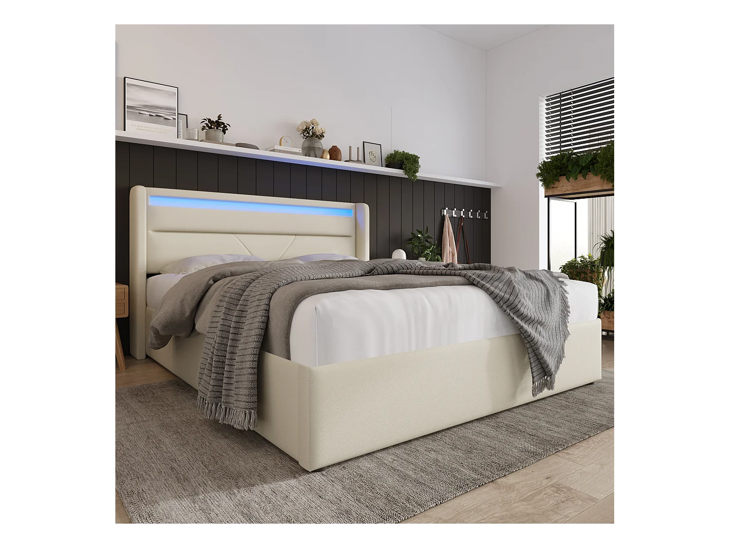 Lit double hydraulique avec éclairage LED, 140x200 cm, blanc, espace de rangement et télécommande