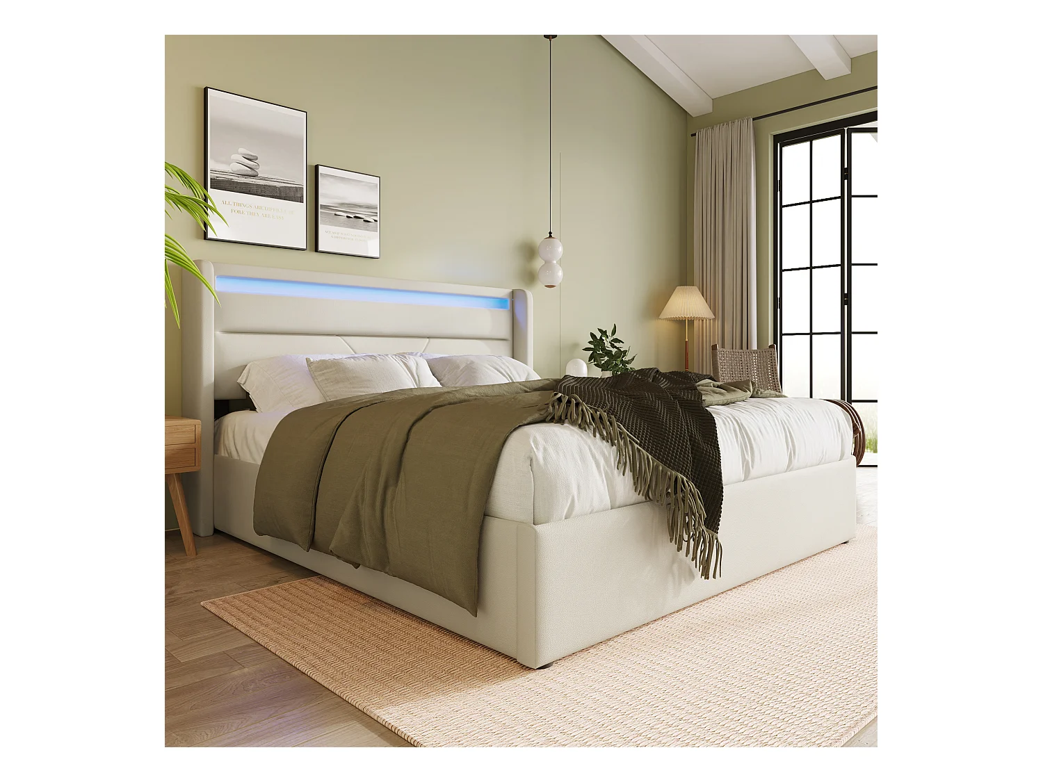 Lit double hydraulique avec éclairage LED, 140x200 cm, blanc, espace de rangement et télécommande