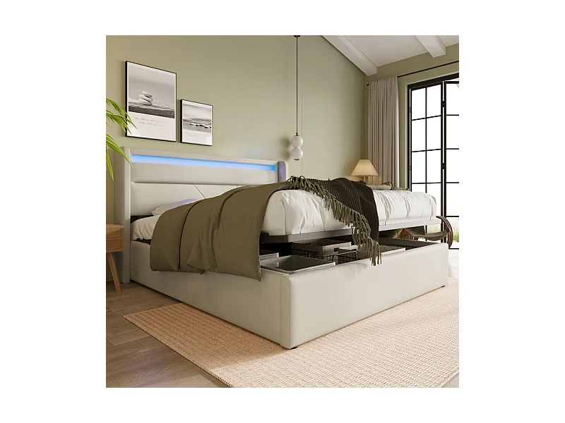 Lit double hydraulique avec éclairage LED, 140x200 cm, blanc, espace de rangement et télécommande