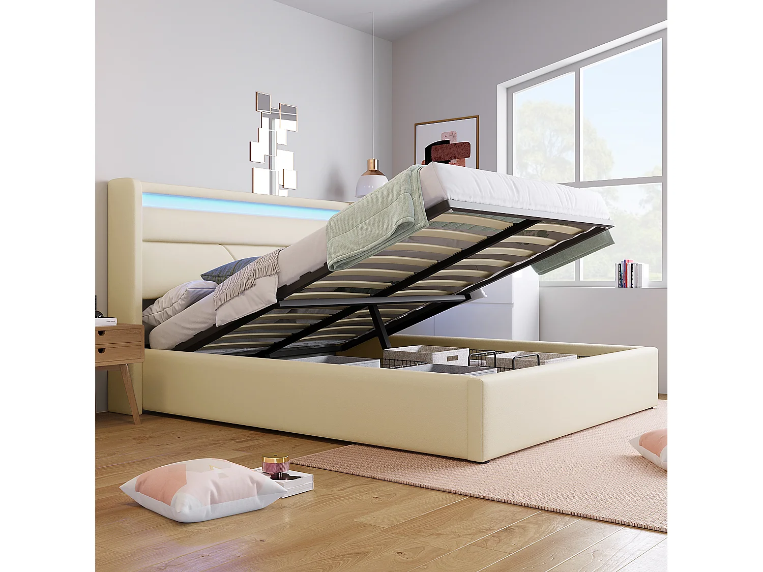 Lit double hydraulique avec éclairage LED, 140x200 cm, blanc, espace de rangement et télécommande