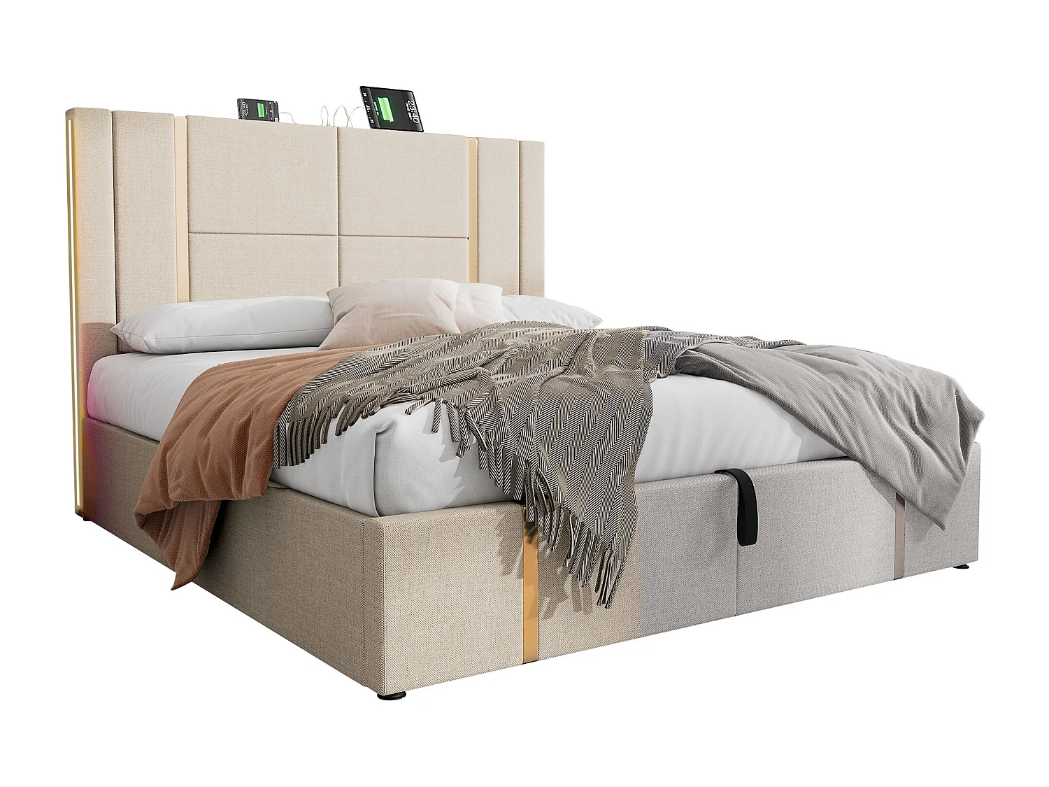 Lit double 180×200 cm en lin beige avec éclairage LED et fonction de chargement USB