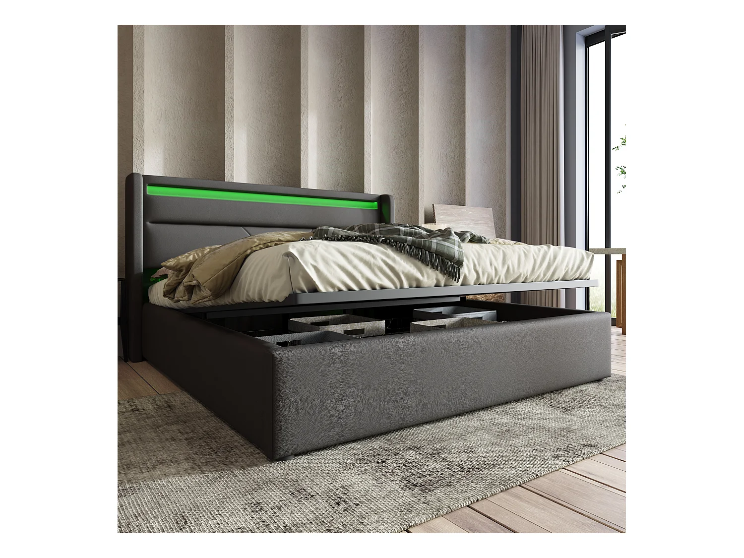 Lit double hydraulique avec éclairage LED, 160x200 cm, gris, avec rangement et télécommande