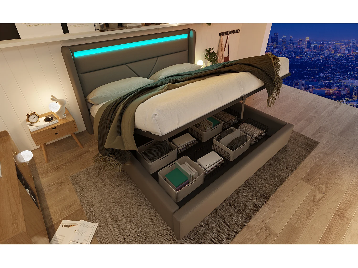 Lit double hydraulique avec éclairage LED, 160x200 cm, gris, avec rangement et télécommande