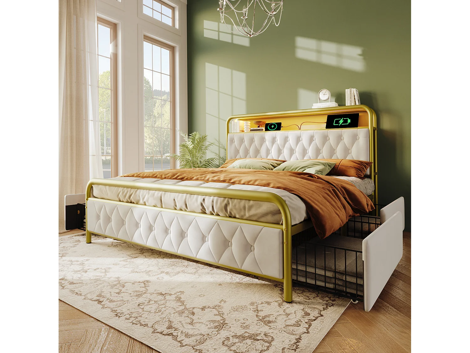 Lit double 140×200 cm en velours blanc avec éclairage LED, USB et 4 tiroirs de rangement