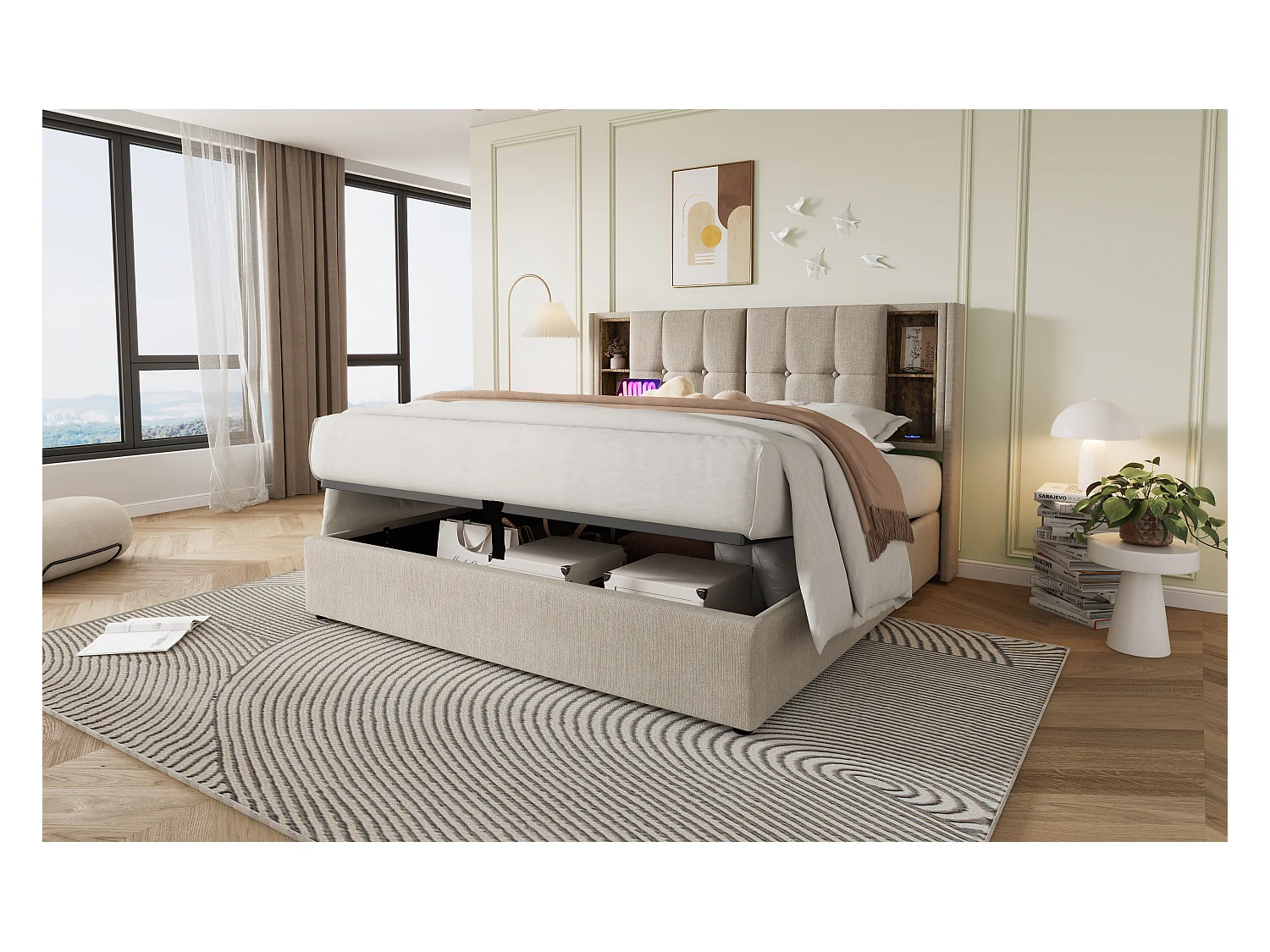 Lit double 180x200 cm avec charge sans fil et ports USB, cadre de lit en lin naturel avec rangement