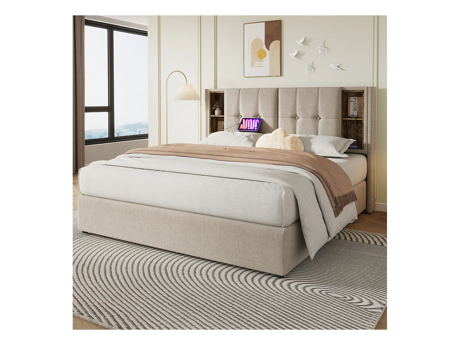 Lit double 180x200 cm avec charge sans fil et ports USB, cadre de lit en lin naturel avec rangement
