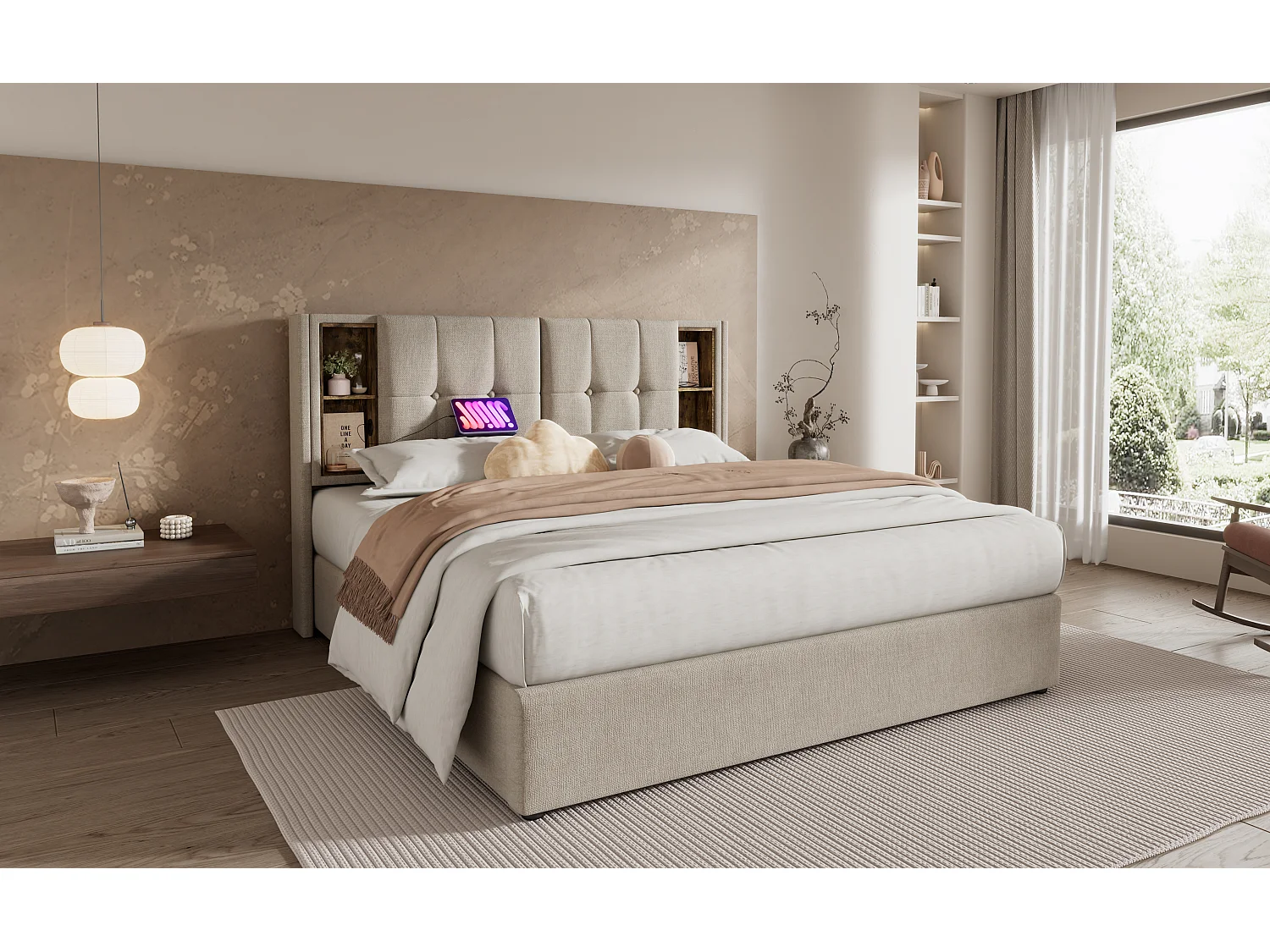 Lit double 180x200 cm avec charge sans fil et ports USB, cadre de lit en lin naturel avec rangement