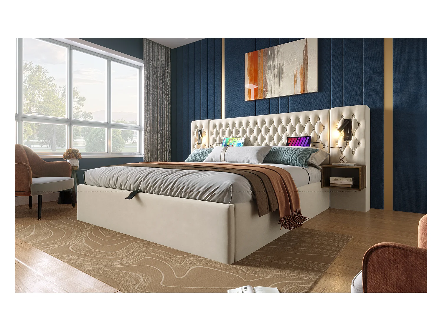 Lit double 160×200 cm en velours beige avec 2 tables de nuit et éclairage USB intégré