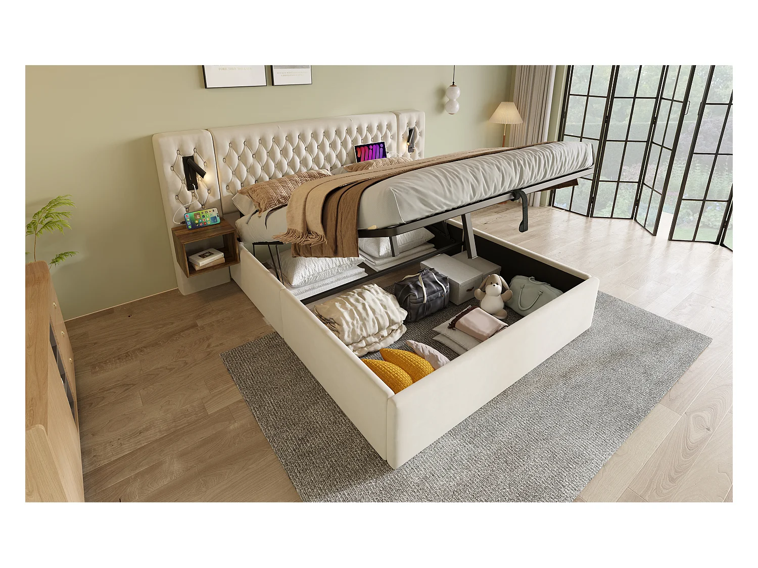 Lit double 160×200 cm en velours beige avec 2 tables de nuit et éclairage USB intégré