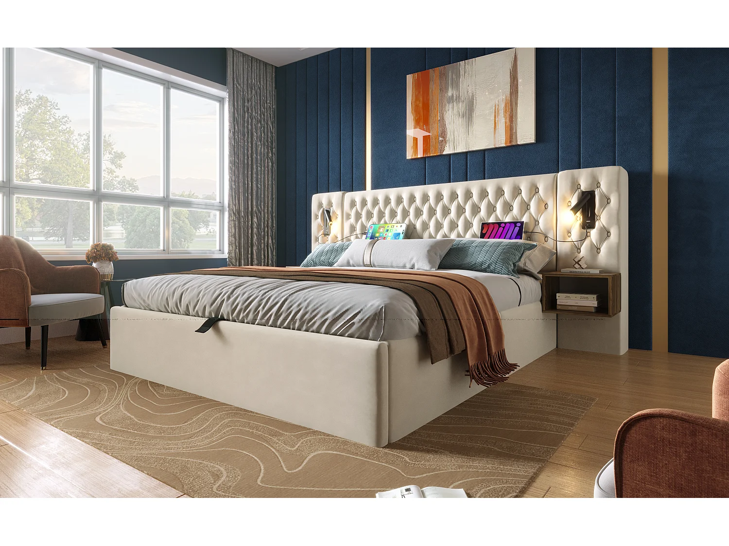 Lit double 160×200 cm en velours beige avec 2 tables de nuit et éclairage USB intégré