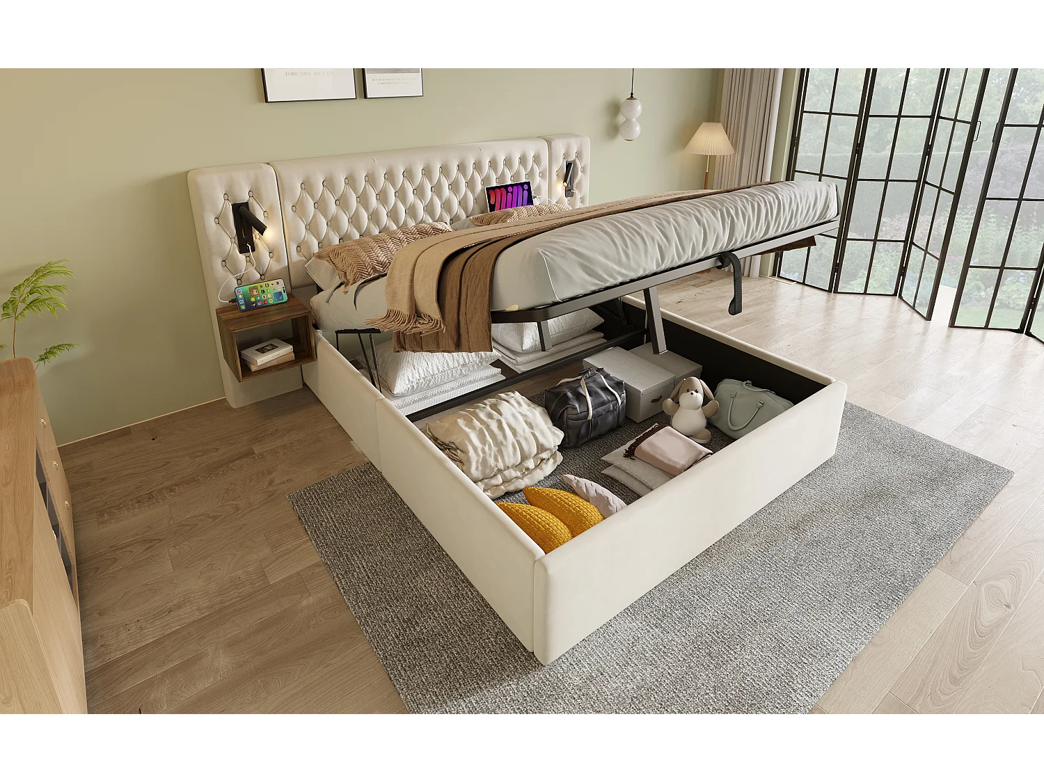 Lit double 160×200 cm en velours beige avec 2 tables de nuit et éclairage USB intégré