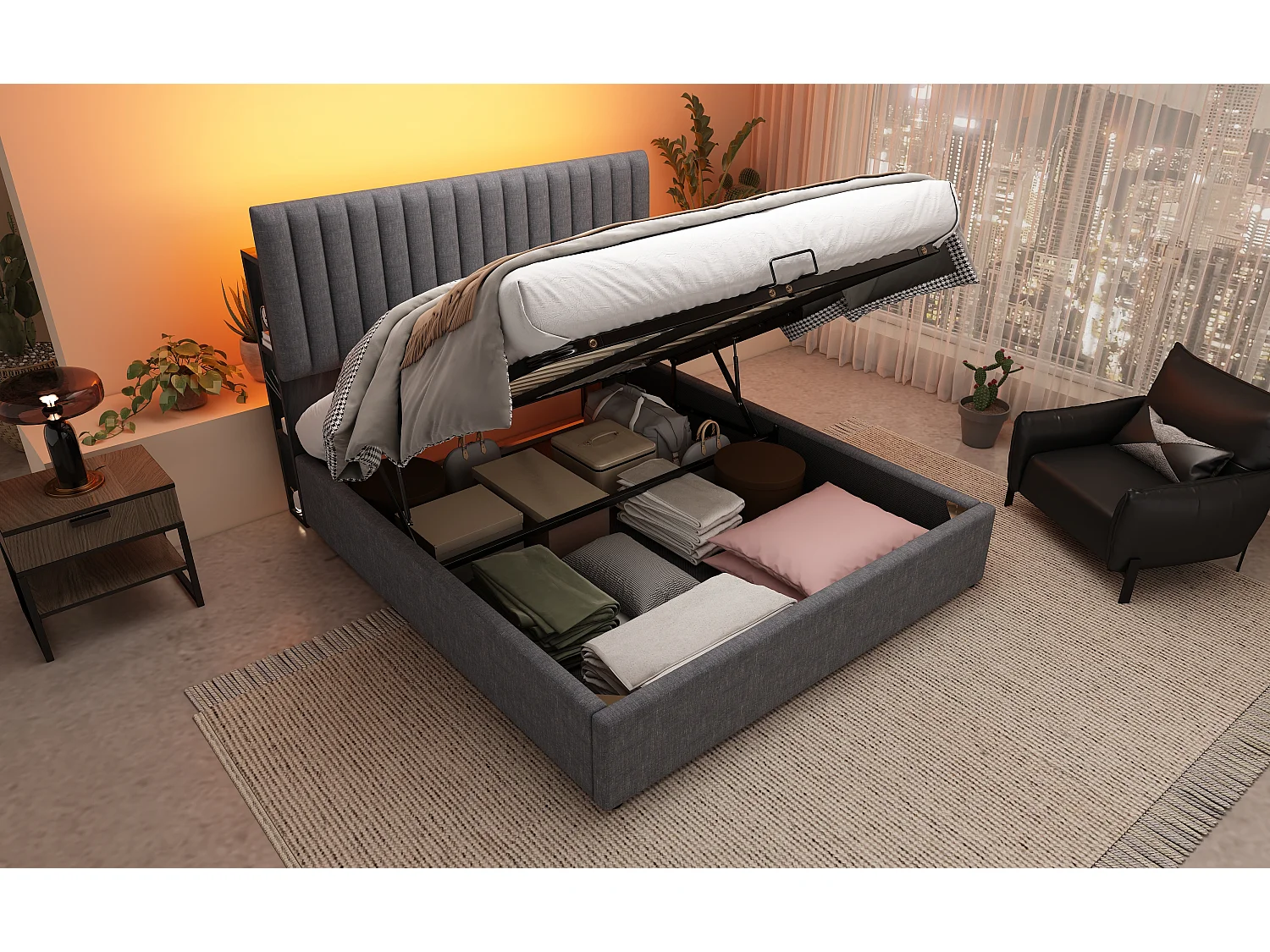 Lit avec rangement et tête de lit LED, 140x200 cm, gris, avec ports USB et Type-C