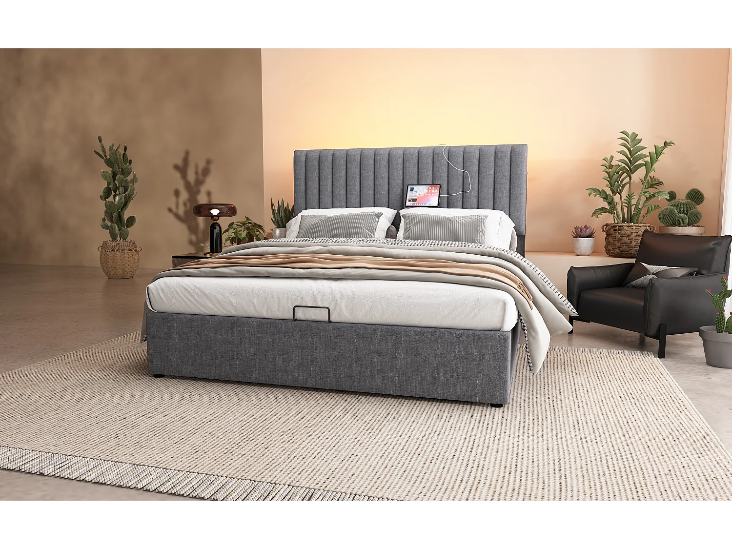 Lit avec rangement et tête de lit LED, 140x200 cm, gris, avec ports USB et Type-C