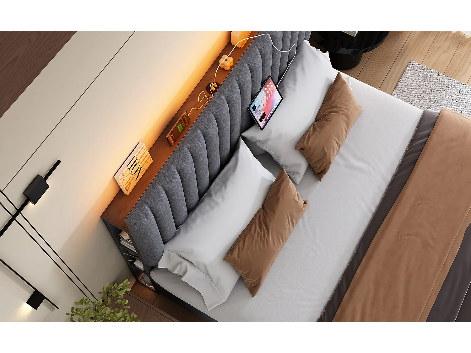 Lit avec rangement et tête de lit LED, 140x200 cm, gris, avec ports USB et Type-C