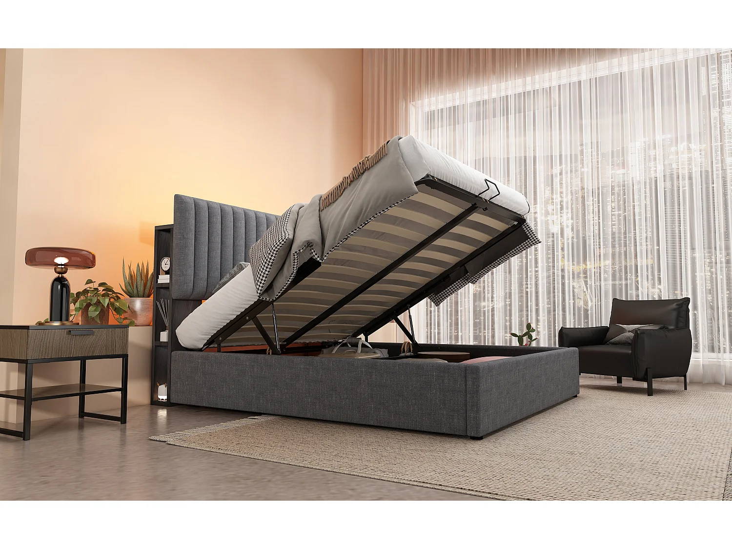 Lit avec rangement et tête de lit LED, 140x200 cm, gris, avec ports USB et Type-C