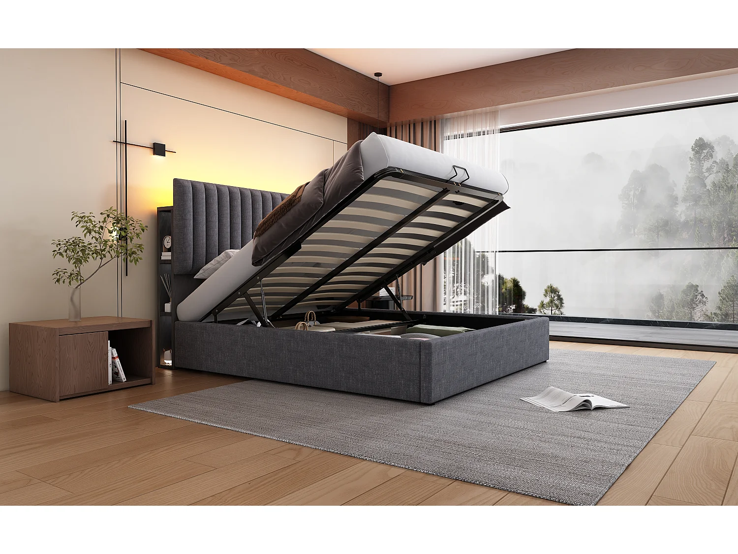 Lit avec rangement et tête de lit LED, 140x200 cm, gris, avec ports USB et Type-C