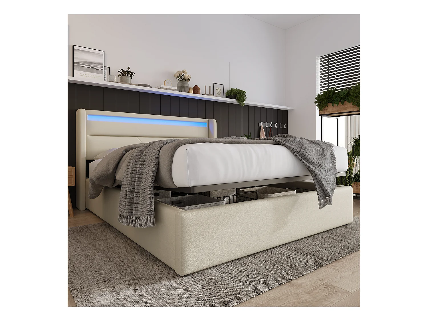 Lit double hydraulique avec éclairage LED, 160x200 cm, blanc, avec rangement et télécommande