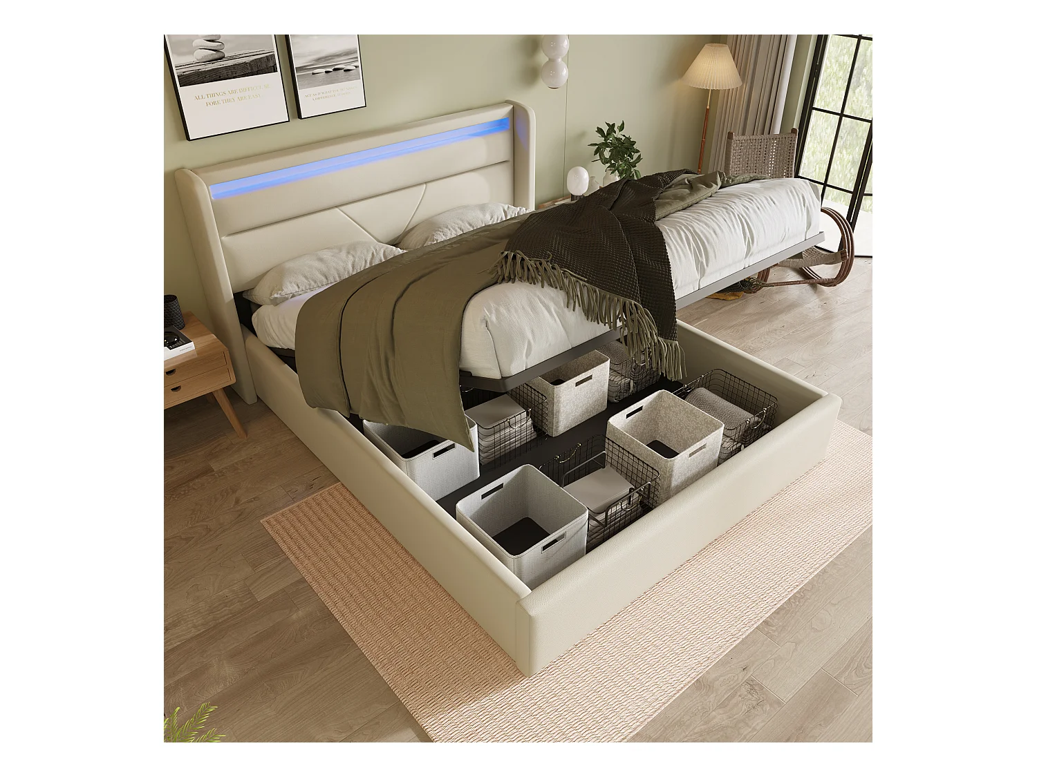 Lit double hydraulique avec éclairage LED, 160x200 cm, blanc, avec rangement et télécommande