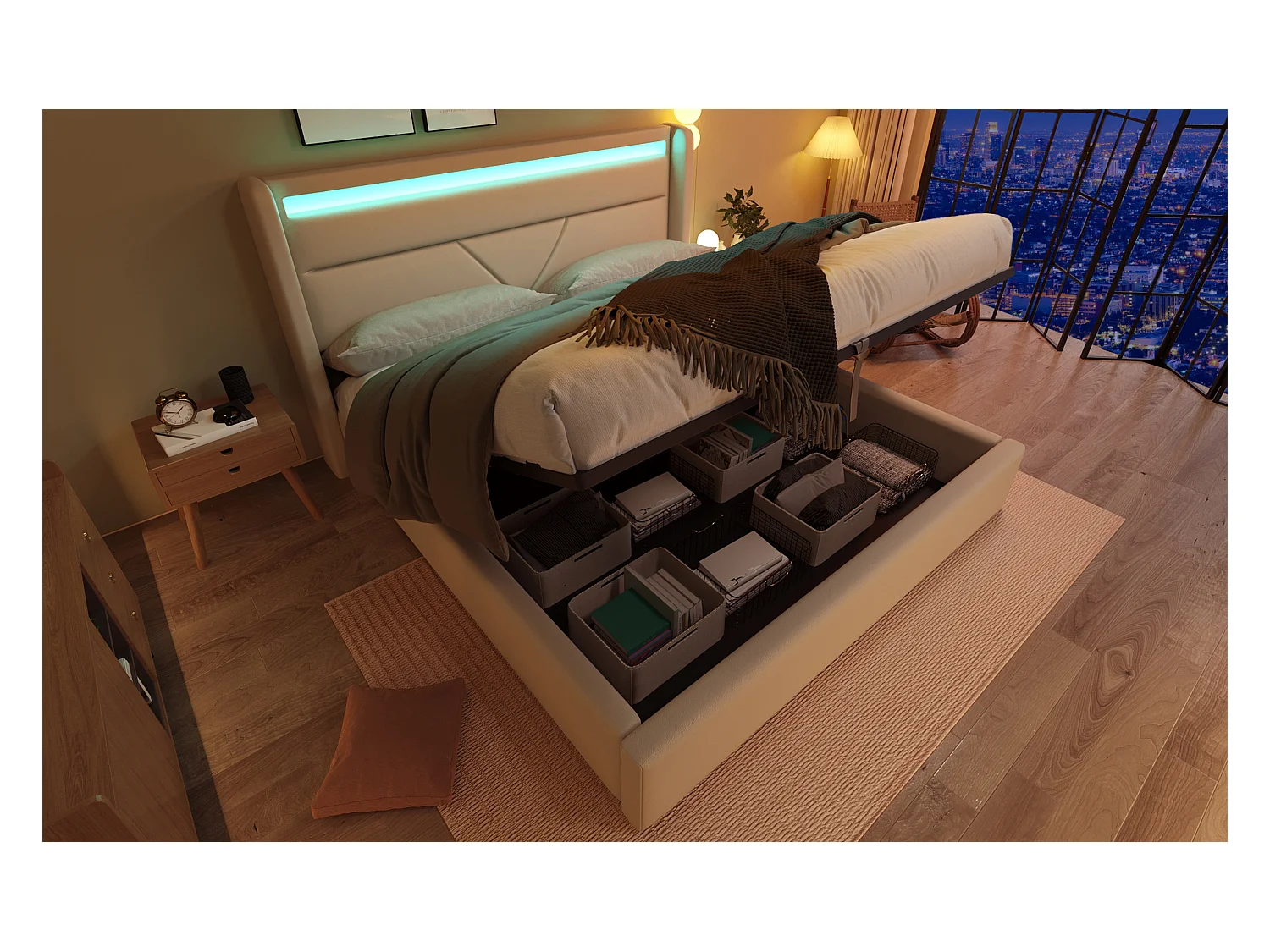 Lit double hydraulique avec éclairage LED, 160x200 cm, blanc, avec rangement et télécommande