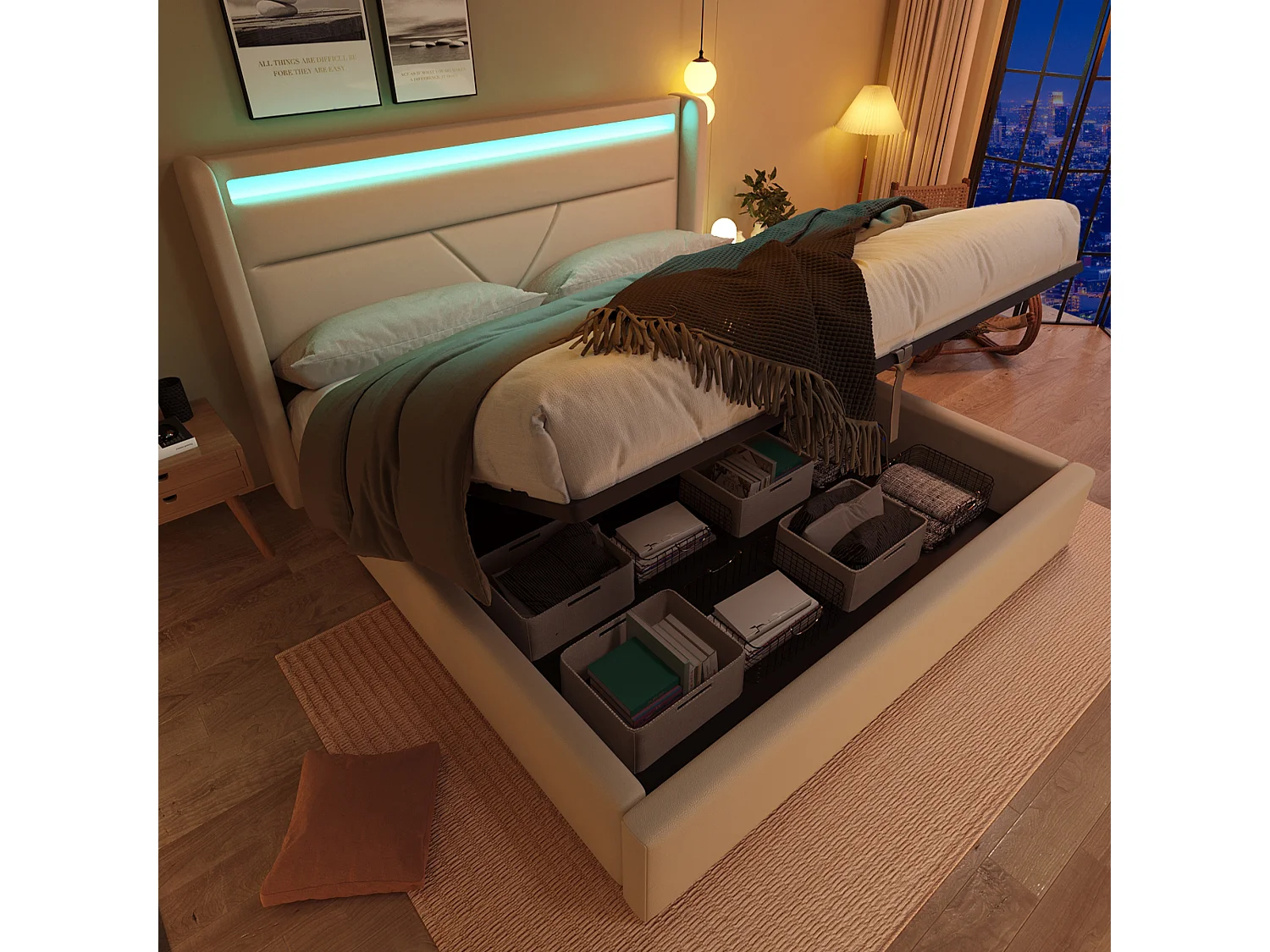 Lit double hydraulique avec éclairage LED, 160x200 cm, blanc, avec rangement et télécommande