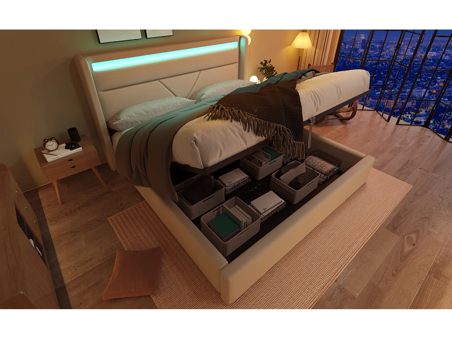 Lit double hydraulique avec éclairage LED, 160x200 cm, blanc, avec rangement et télécommande