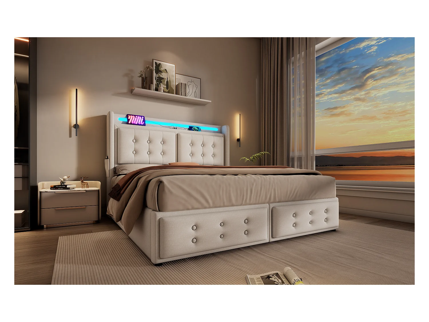 Lit rembourré 180x200 cm, lit double avec tête de lit LED et fonction de charge USB, rangement pratique