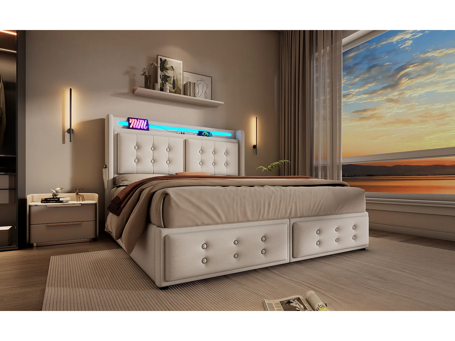 Lit rembourré 180x200 cm, lit double avec tête de lit LED et fonction de charge USB, rangement pratique