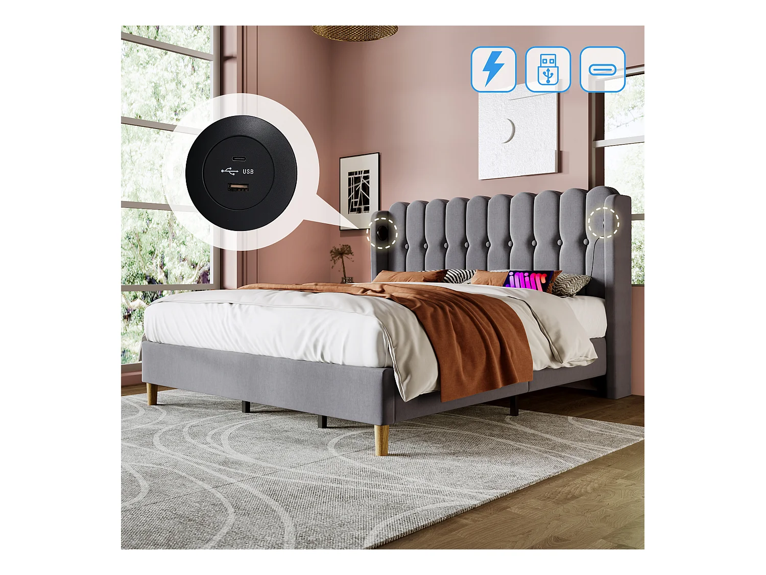 Lit double 180x200 cm en lin gris avec fonction de chargement USB Type C et sommier