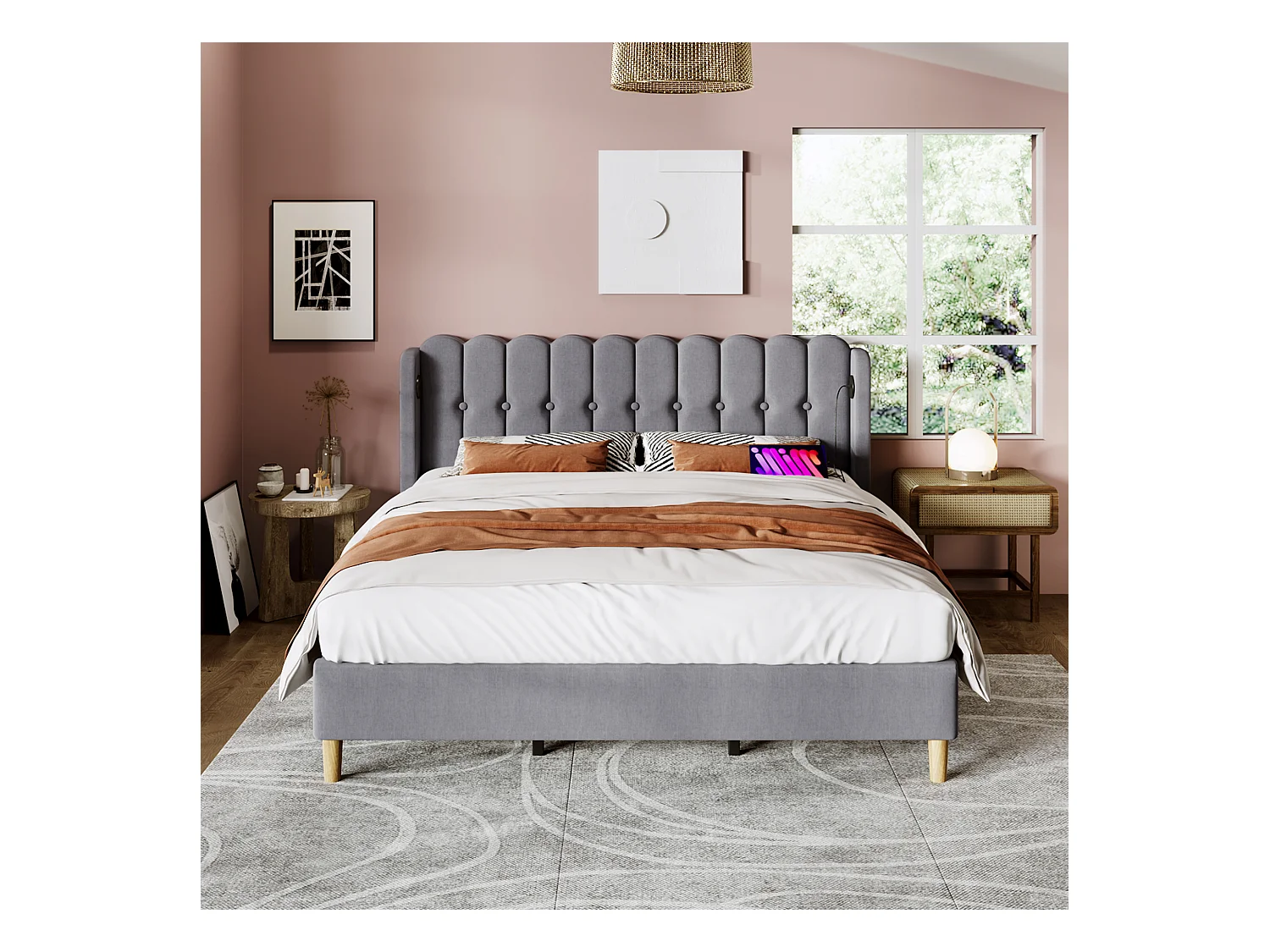 Lit double 180x200 cm en lin gris avec fonction de chargement USB Type C et sommier