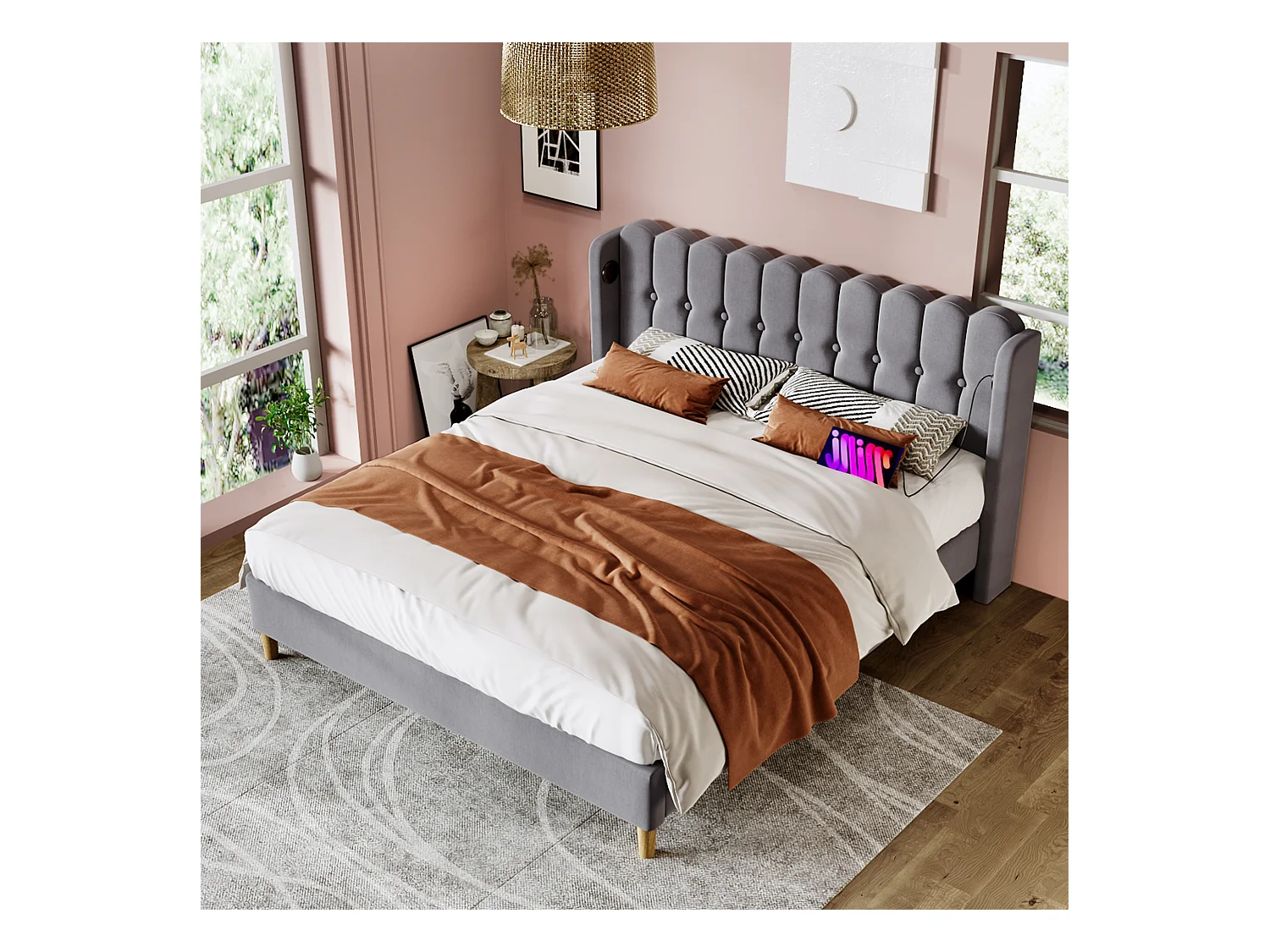 Lit double 180x200 cm en lin gris avec fonction de chargement USB Type C et sommier