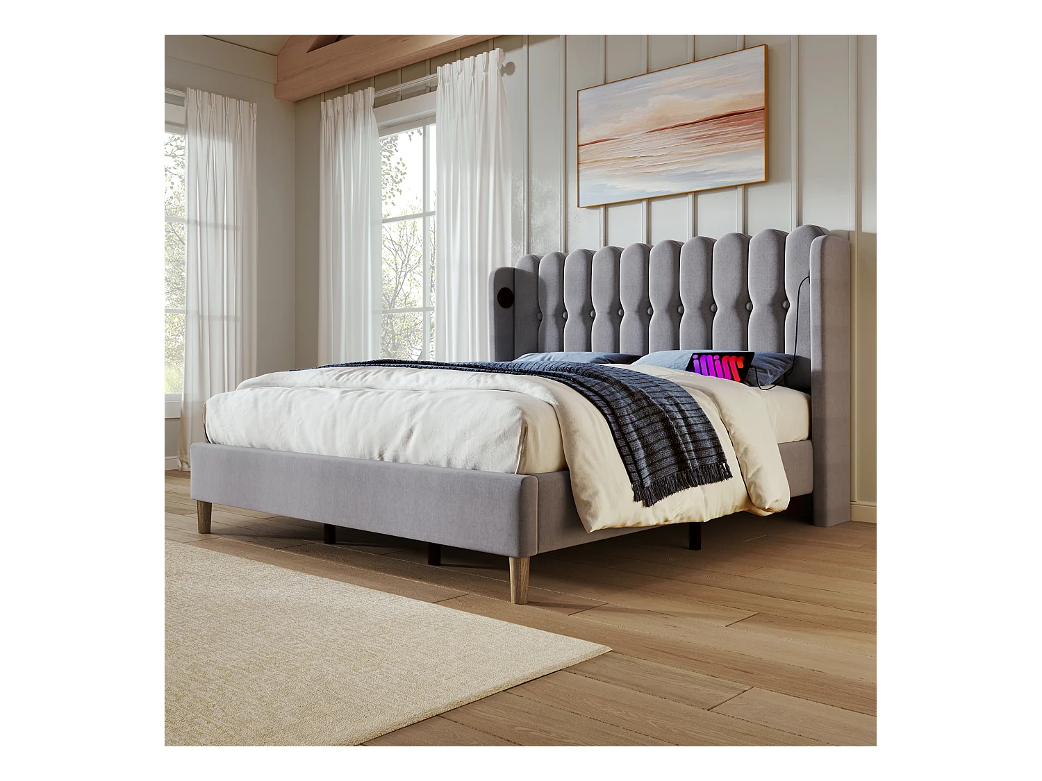 Lit double 180x200 cm en lin gris avec fonction de chargement USB Type C et sommier