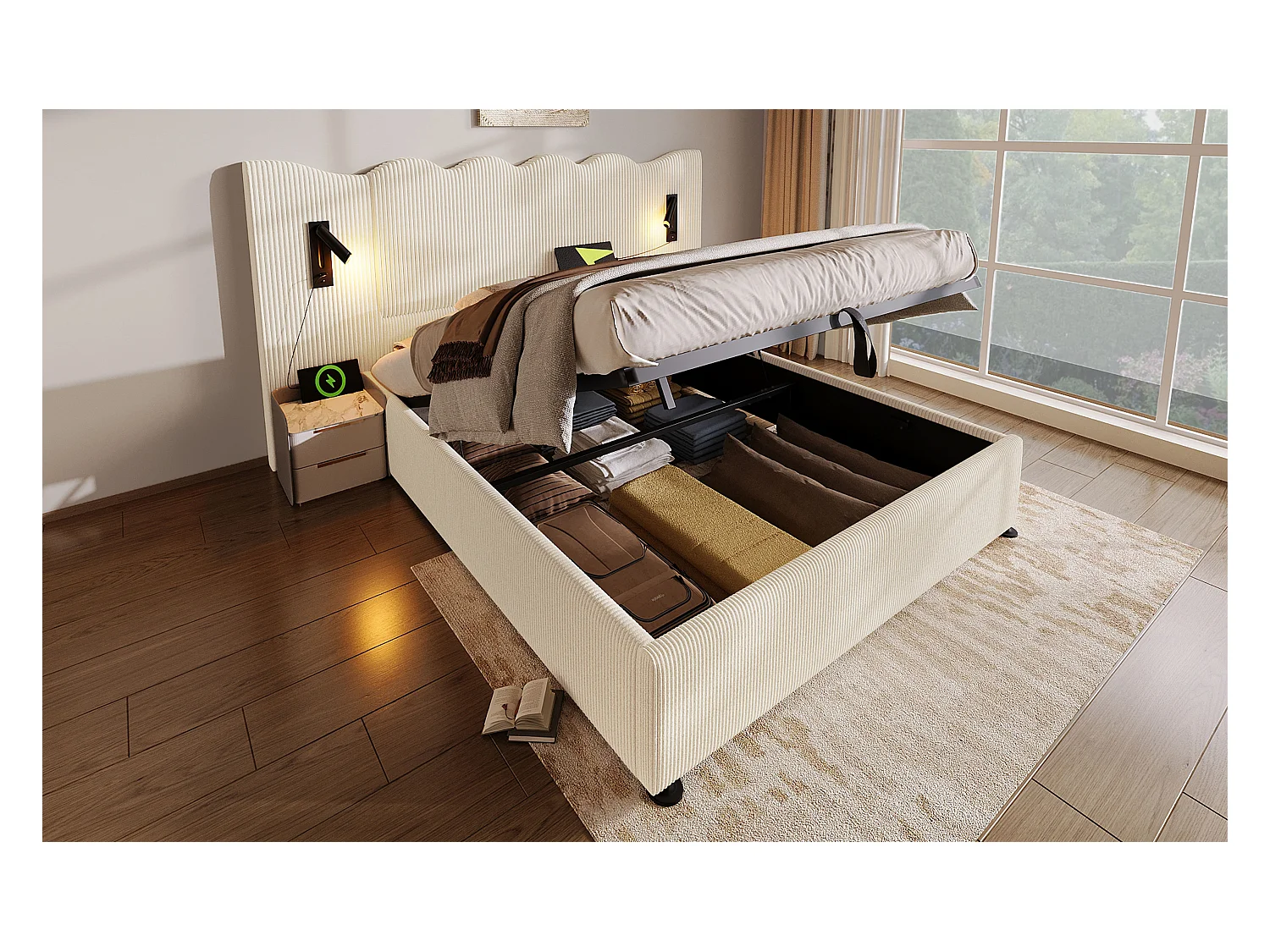 Lit double 160×200 cm avec lampe de lecture et fonction de chargement USB Type-C, lit de rangement en bois massif et métal, beige