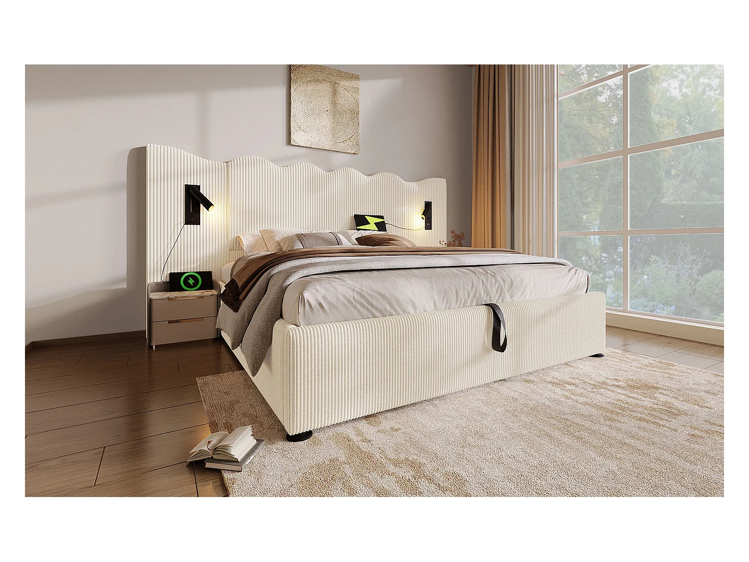 Lit double 160×200 cm avec lampe de lecture et fonction de chargement USB Type-C, lit de rangement en bois massif et métal, beige