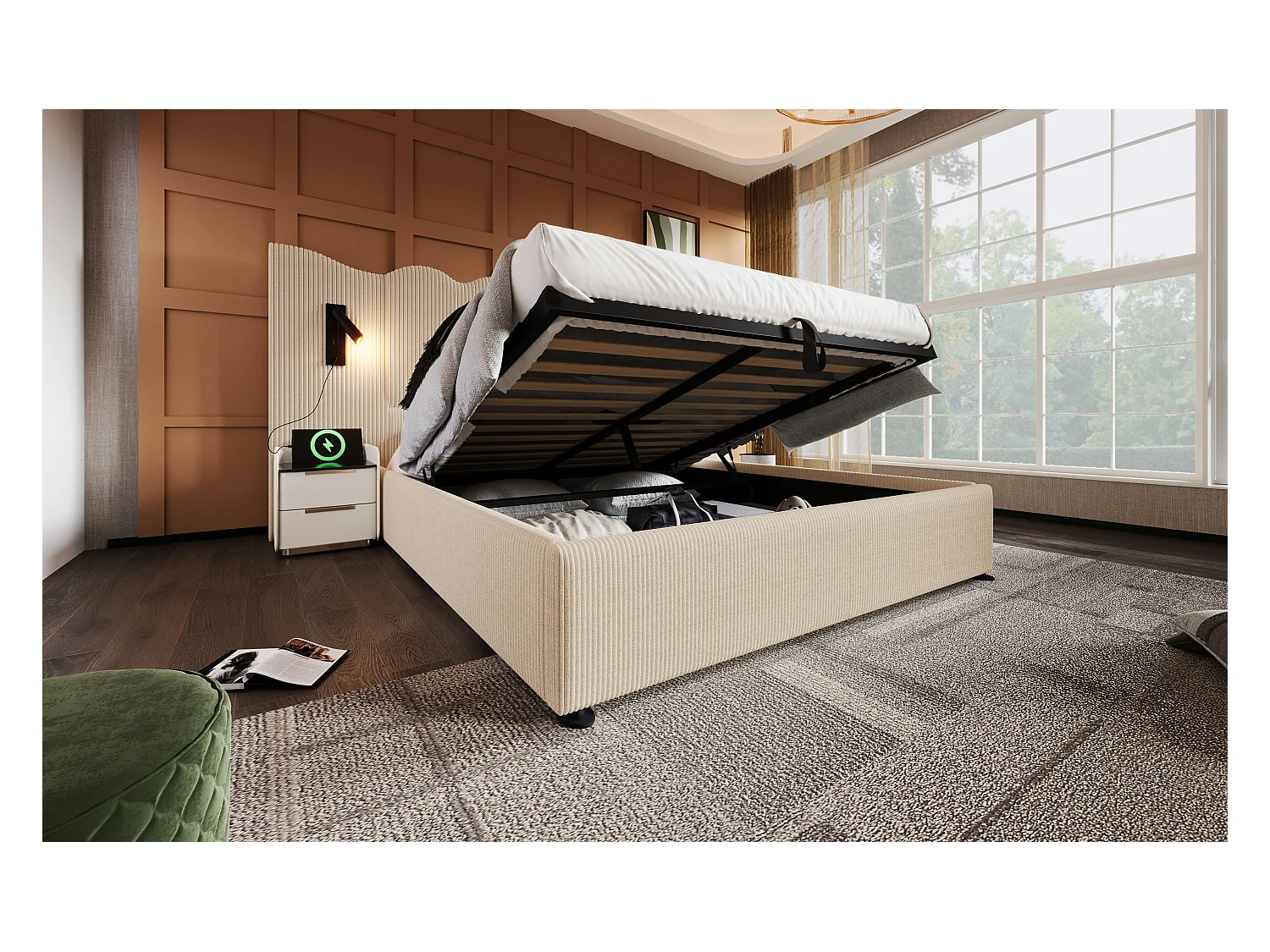 Lit double 160×200 cm avec lampe de lecture et fonction de chargement USB Type-C, lit de rangement en bois massif et métal, beige