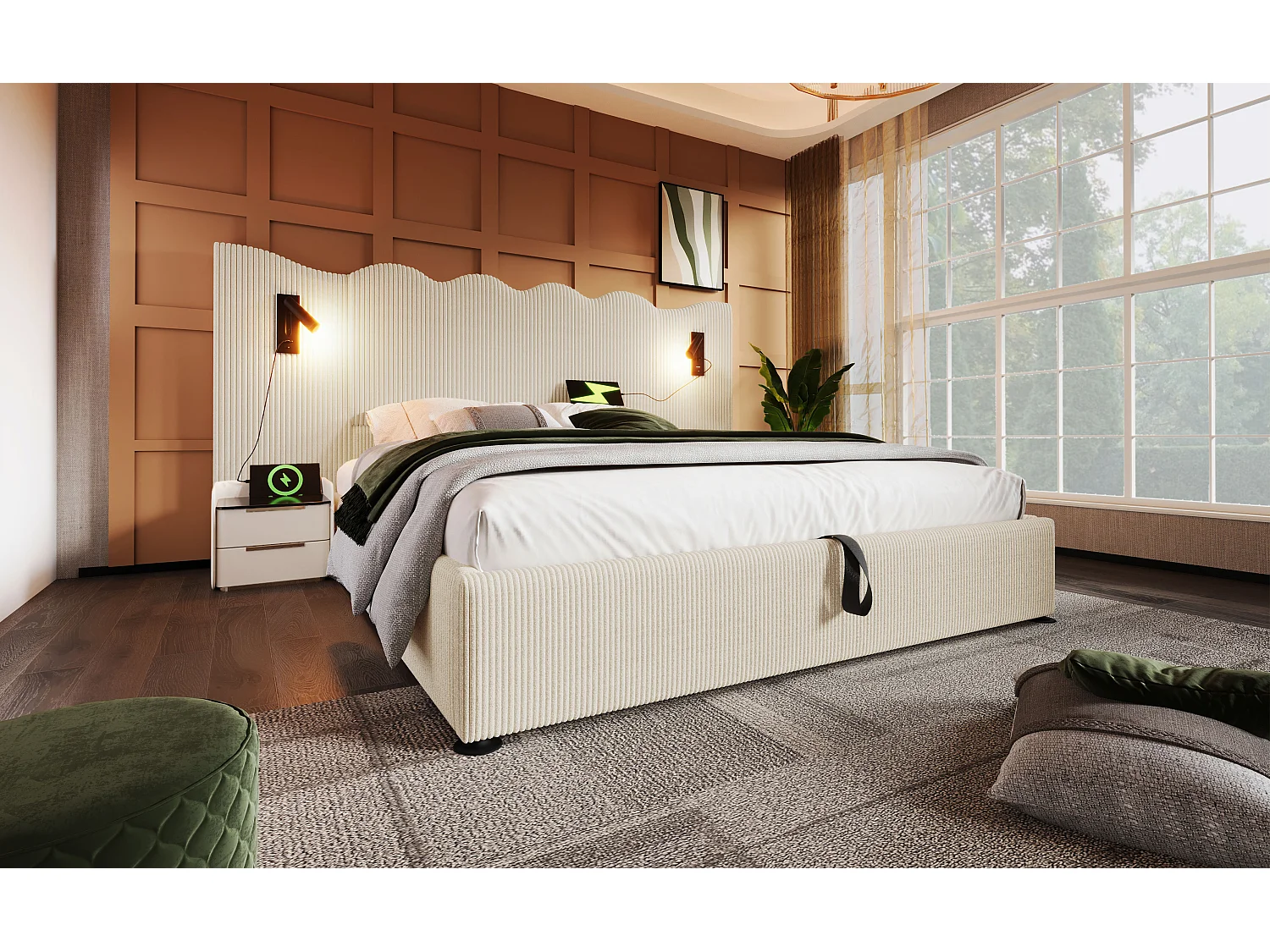 Lit double 160×200 cm avec lampe de lecture et fonction de chargement USB Type-C, lit de rangement en bois massif et métal, beige