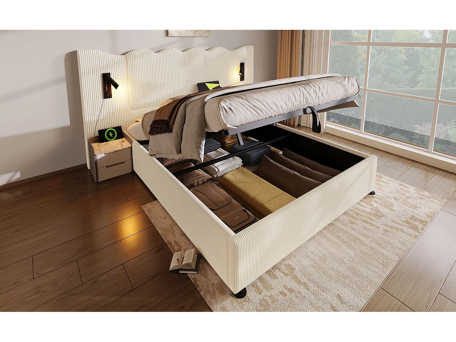 Lit double 160×200 cm avec lampe de lecture et fonction de chargement USB Type-C, lit de rangement en bois massif et métal, beige