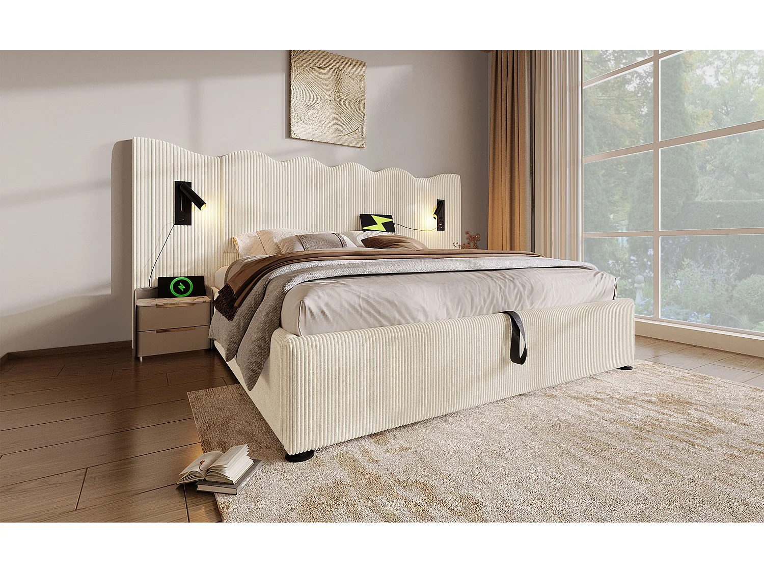 Lit double 160×200 cm avec lampe de lecture et fonction de chargement USB Type-C, lit de rangement en bois massif et métal, beige