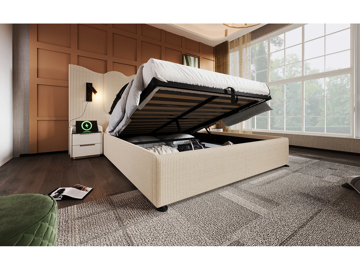 Lit double 160×200 cm avec lampe de lecture et fonction de chargement USB Type-C, lit de rangement en bois massif et métal, beige