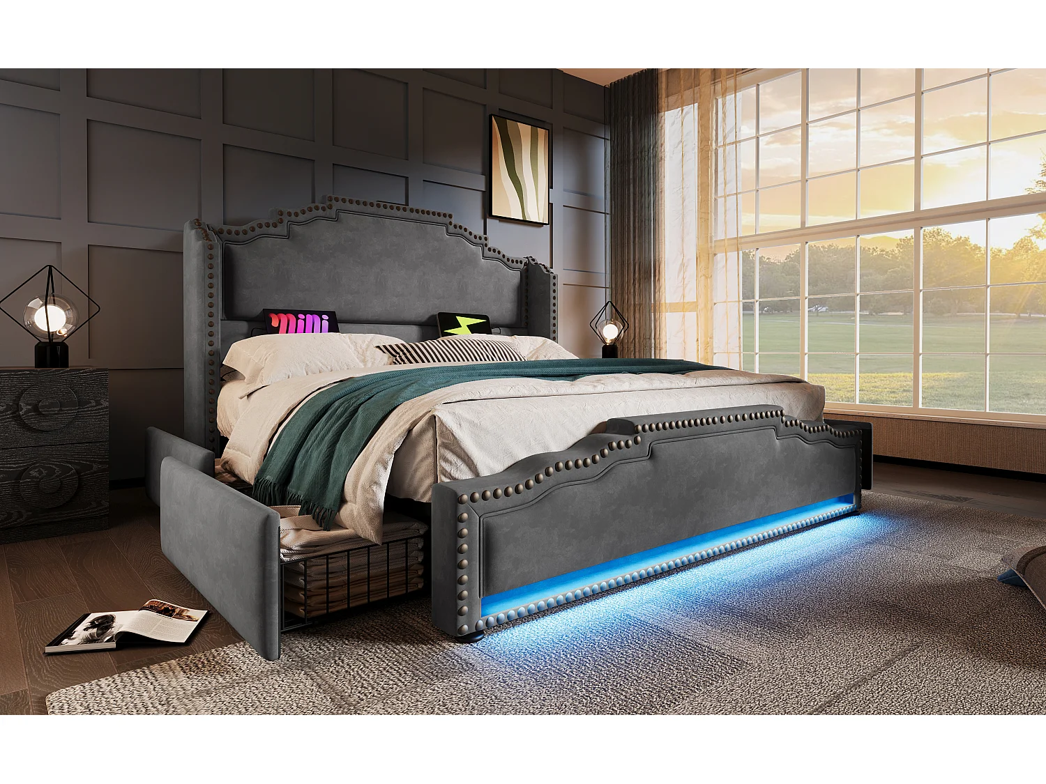 Lit en velours 140×200 cm avec 4 tiroirs, éclairage LED et ports USB-C, lit de rangement et lit d'adolescent