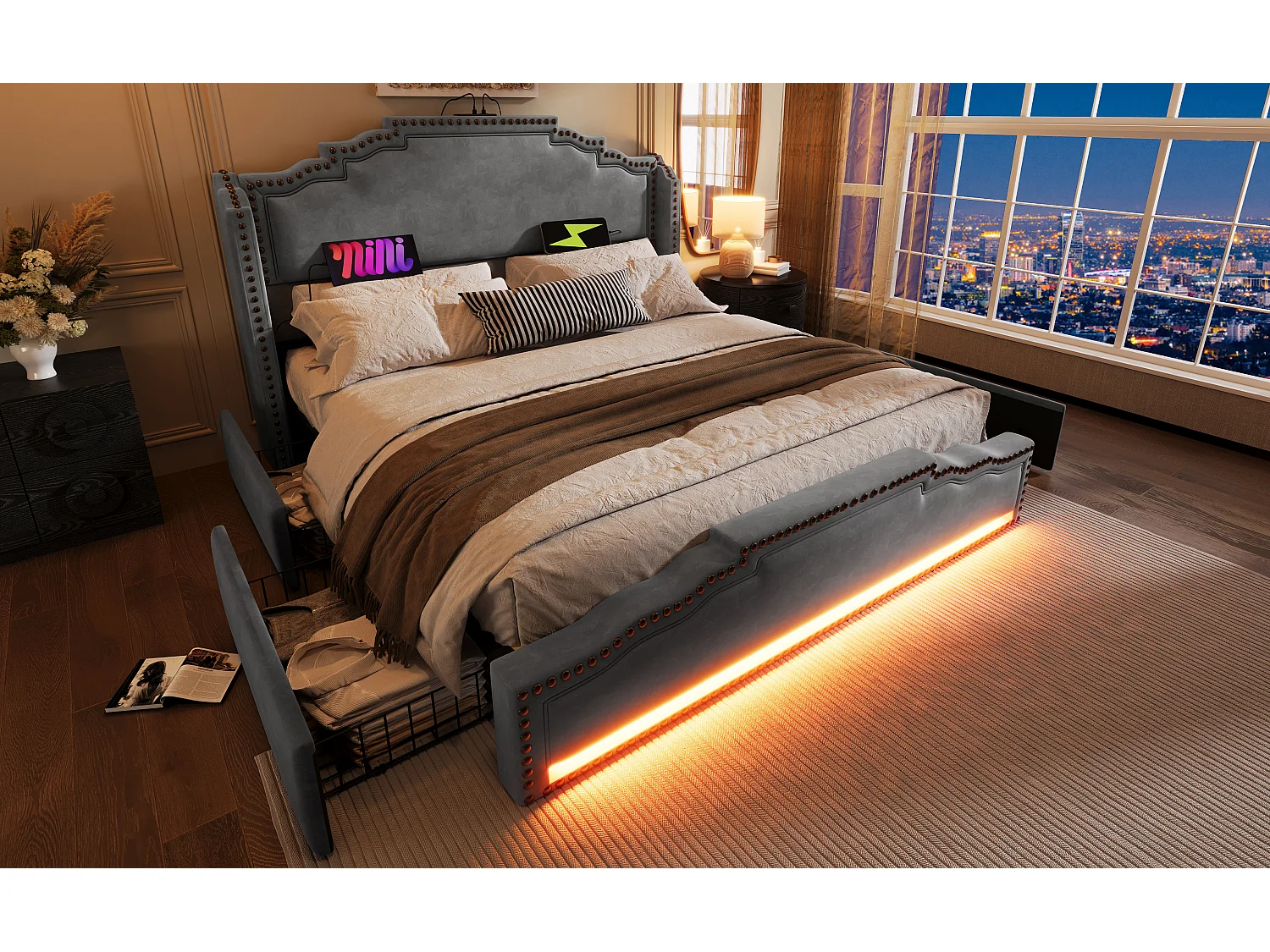 Lit en velours 140×200 cm avec 4 tiroirs, éclairage LED et ports USB-C, lit de rangement et lit d'adolescent