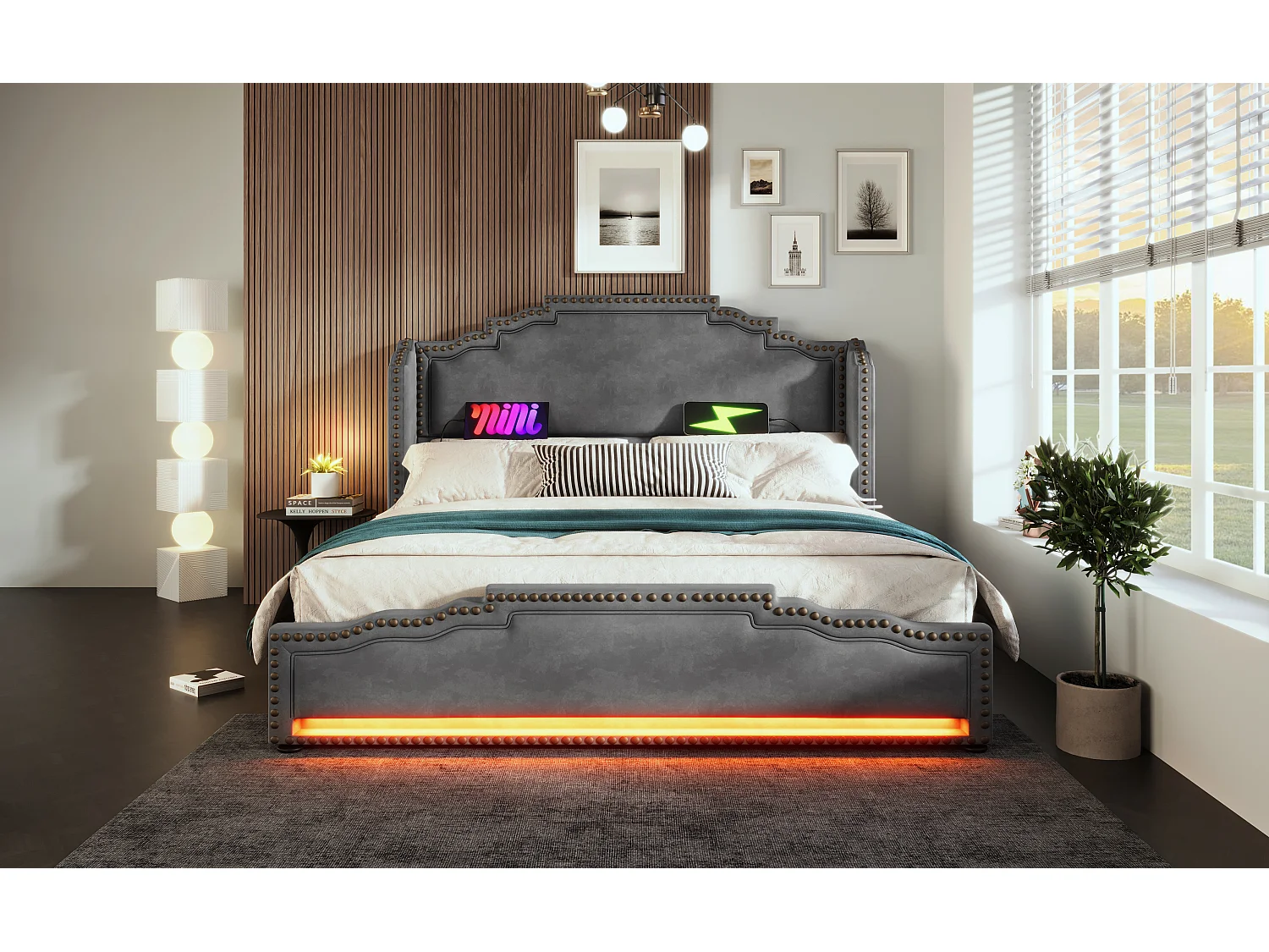 Lit en velours 140×200 cm avec 4 tiroirs, éclairage LED et ports USB-C, lit de rangement et lit d'adolescent