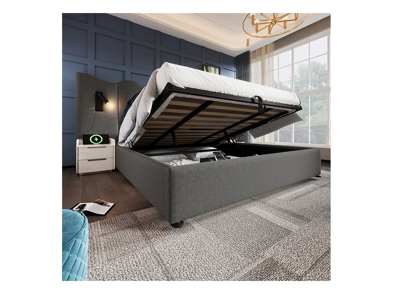 Lit double 180×200 cm avec lampe de lecture et chargeur USB Type-C, lit de rangement en bois massif et métal, gris, lin