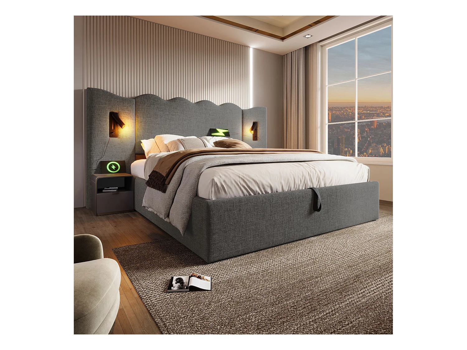 Lit double 180×200 cm avec lampe de lecture et chargeur USB Type-C, lit de rangement en bois massif et métal, gris, lin