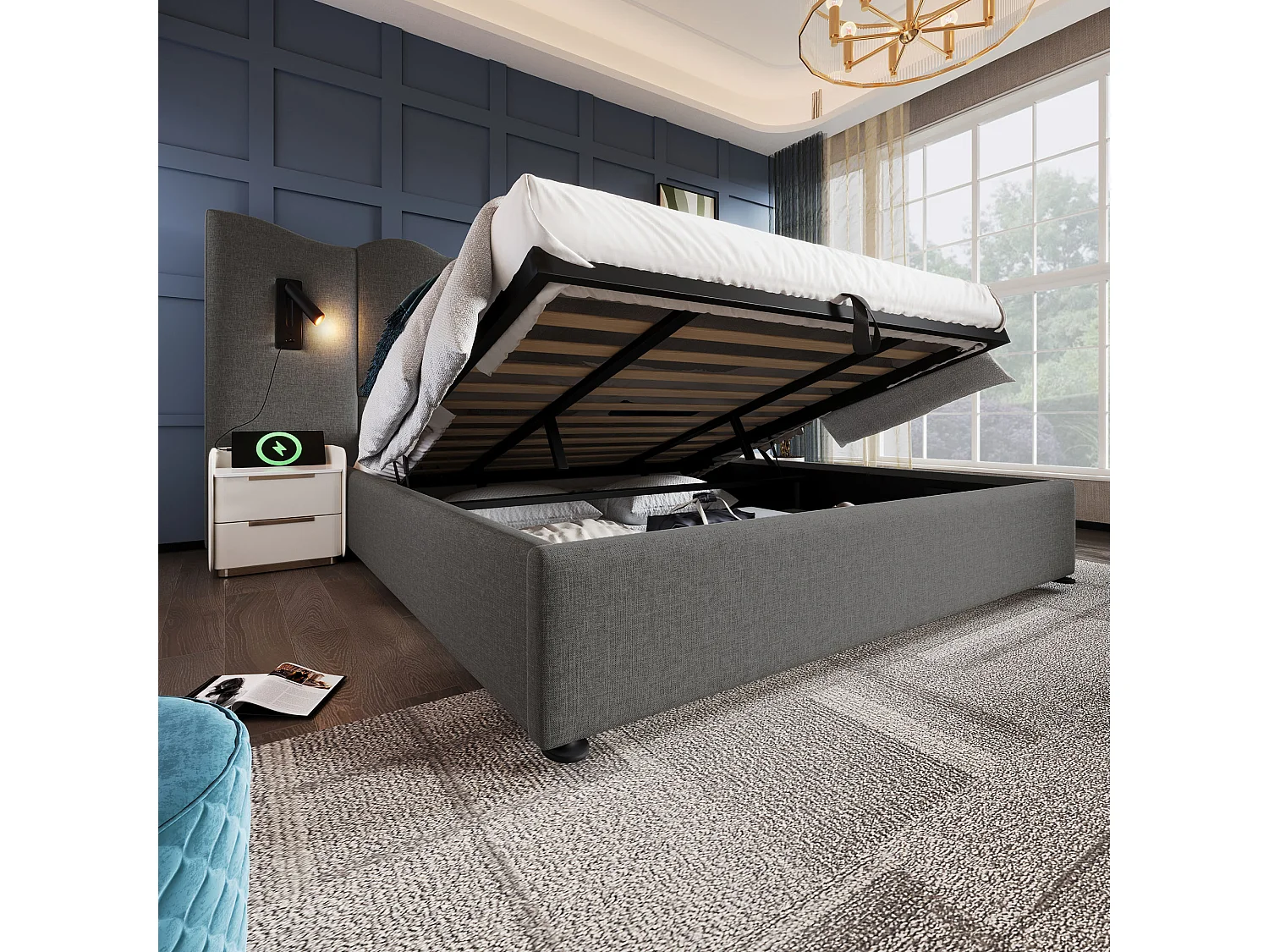 Lit double 180×200 cm avec lampe de lecture et chargeur USB Type-C, lit de rangement en bois massif et métal, gris, lin