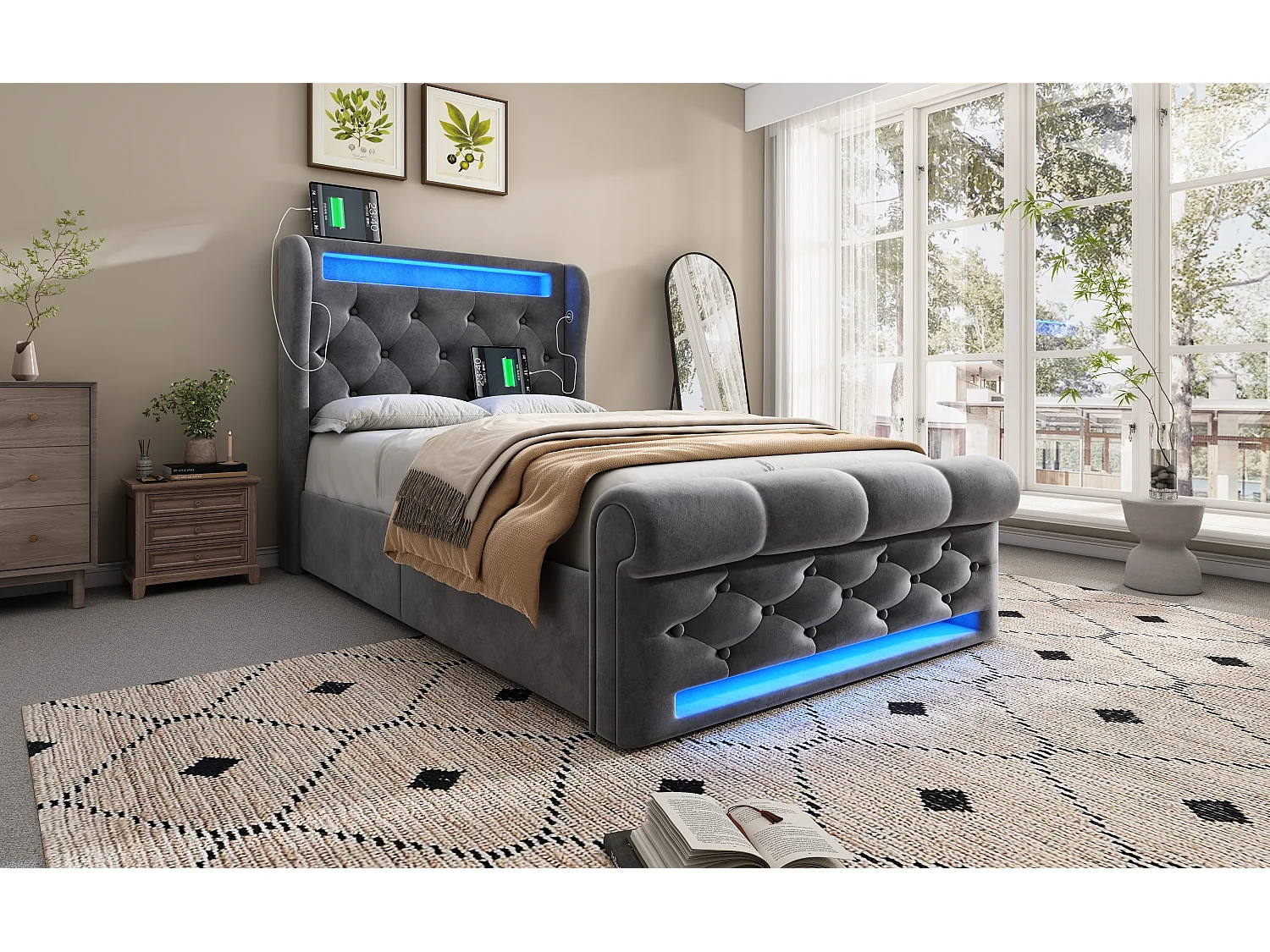 Lit moderne en velours 90x200 cm, avec éclairage LED, tête de lit de rangement et ports USB, gris