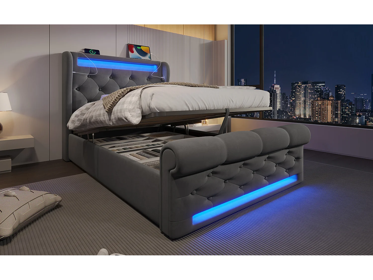 Lit moderne en velours 90x200 cm, avec éclairage LED, tête de lit de rangement et ports USB, gris