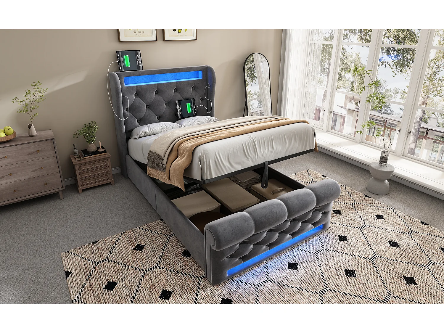 Lit moderne en velours 90x200 cm, avec éclairage LED, tête de lit de rangement et ports USB, gris