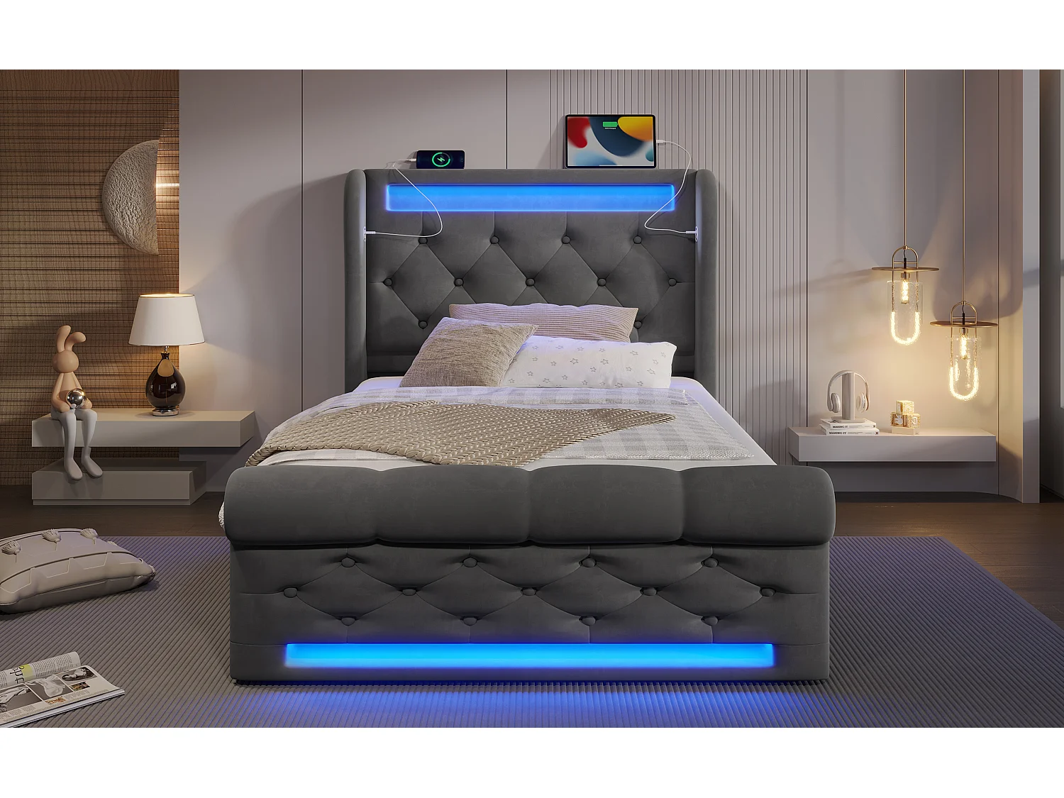 Lit moderne en velours 90x200 cm, avec éclairage LED, tête de lit de rangement et ports USB, gris
