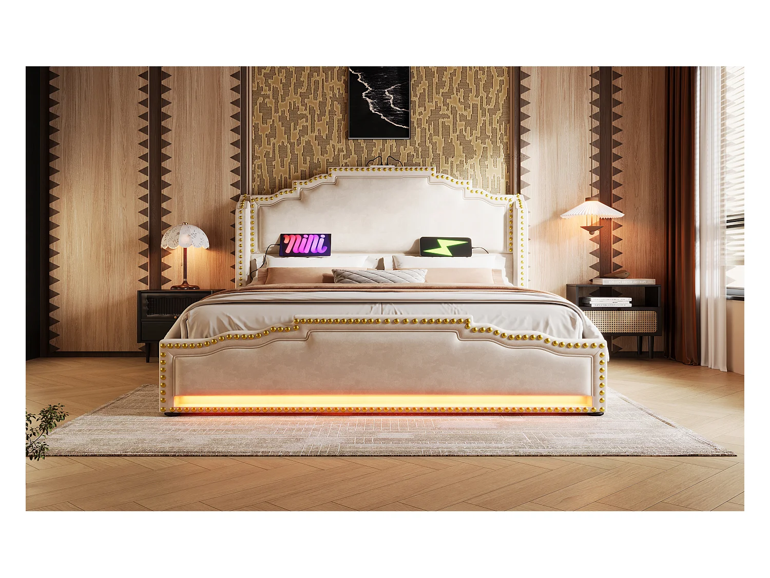 Lit en velours 140×200 cm, lit double avec 4 tiroirs, éclairage LED et ports USB-C, lit de rangement et lit d'adolescent